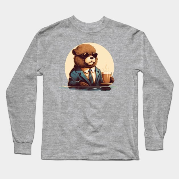 Sea Otter wear sunglasses drinking coffee in an elegant manner Long Sleeve T-Shirt by MilkyBerry